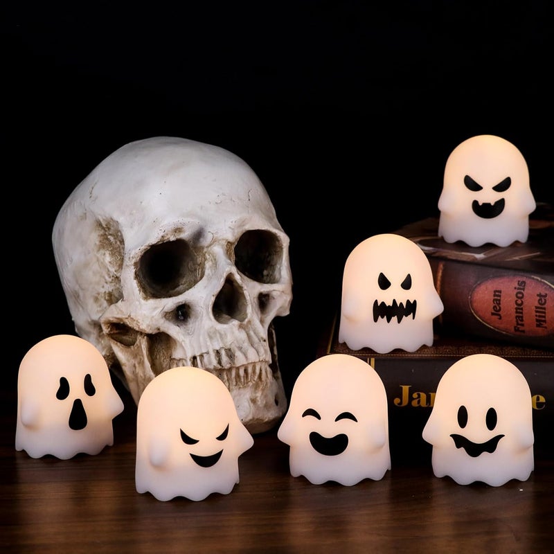 DRomance Halloween Ghost Lights Flameless Candles Battery Operated with Remote and Timer 6 Pack Spooky White LED Votive Candles Dimmable Light Halloween Indoor Decoration(2 x 2.4 Inches) - Image 2